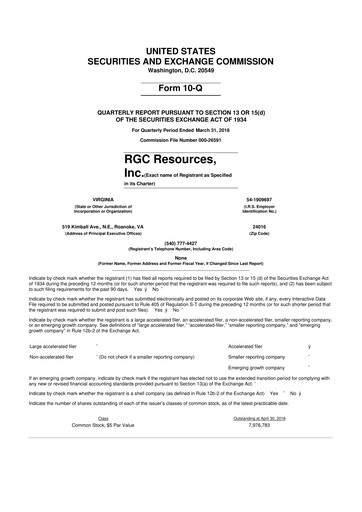 Miniature RGC Resources 10-Q Rapport trimestriel 2018 