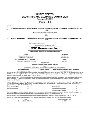 Miniature RGC Resources 10-Q Rapport trimestriel 2020 