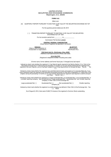 Thumbnail CF Bankshares 10-Q Quarterly Report FY2014 