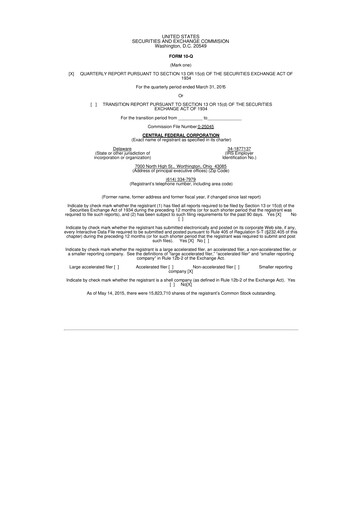 Thumbnail CF Bankshares 10-Q Quarterly Report FY2015 