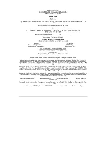 Thumbnail CF Bankshares 10-Q Quarterly Report FY2015 