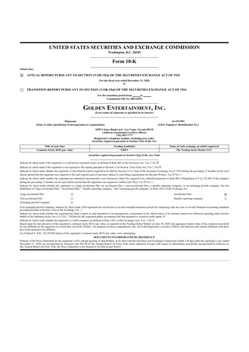 Thumbnail Golden Entertainment
 10-K Annual Report 2020