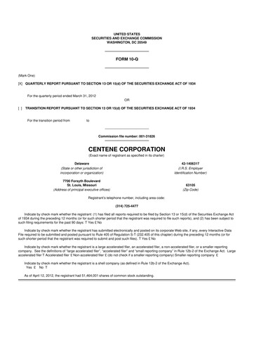 Miniature Centene 10-Q Rapport trimestriel 2012 