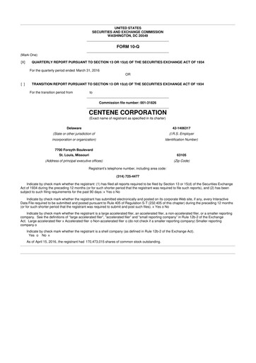 Miniature Centene 10-Q Rapport trimestriel 2016 