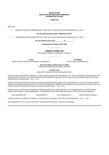 Thumbnail Lifeway Foods
 10-Q Quarterly Report FY 