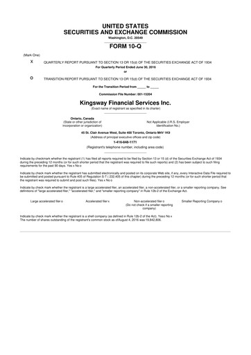 Thumbnail Kingsway Financial Services 10-Q Quarterly Report FY2016 