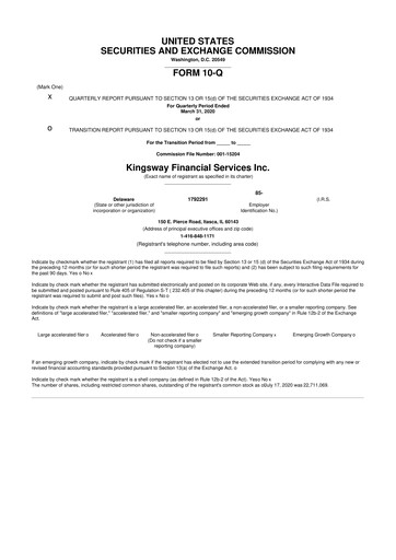 Thumbnail Kingsway Financial Services 10-Q Quarterly Report FY2020 