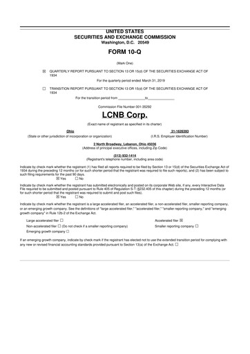 Thumbnail LCNB Corp.
 10-Q Quarterly Report FY2019 
