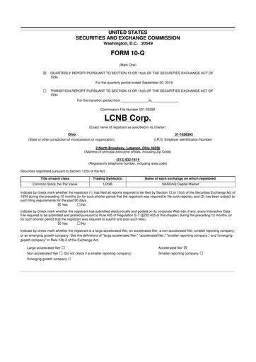 Thumbnail LCNB Corp.
 10-Q Quarterly Report FY2019 