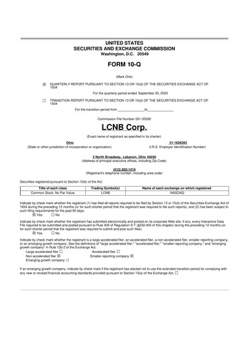 Thumbnail LCNB Corp.
 10-Q Quarterly Report FY2020 