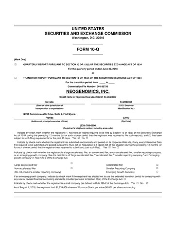 Thumbnail NeoGenomics
 10-Q Quarterly Report FY2018 