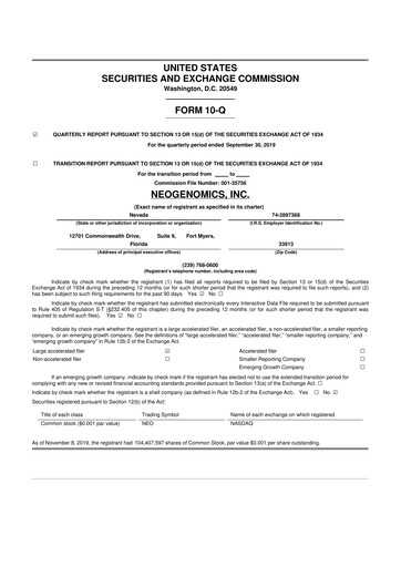 Thumbnail NeoGenomics
 10-Q Quarterly Report FY2019 