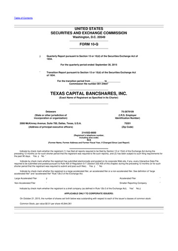 Thumbnail Texas Capital Bancshares 10-Q Quarterly Report FY2015 