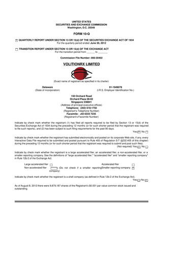 Vorschaubild VolitionRx 10-Q Quartalsbericht 2012 