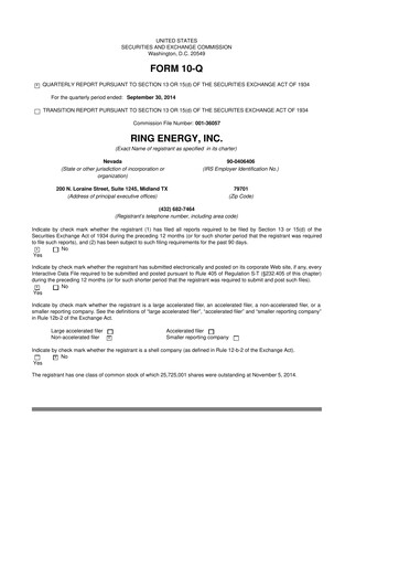Vorschaubild Ring Energy
 10-Q Quartalsbericht 2014 