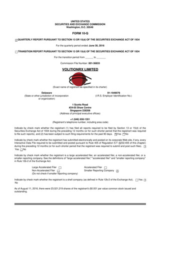 Vorschaubild VolitionRx 10-Q Quartalsbericht 2016 