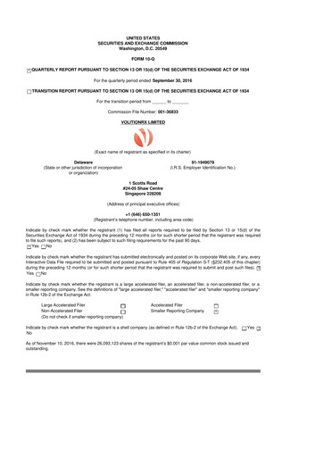 Vorschaubild VolitionRx 10-Q Quartalsbericht 2016 