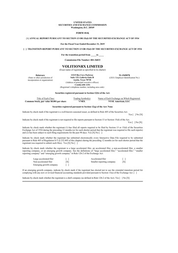 Thumbnail VolitionRx 10-K Annual Report 2019