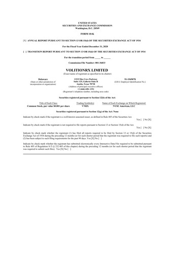 Thumbnail VolitionRx 10-K Annual Report 2020