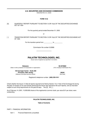Miniature Palatin Technologies 10-Q Rapport trimestriel  