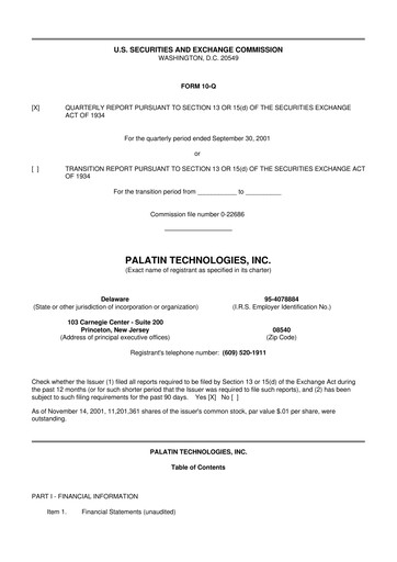 Miniature Palatin Technologies 10-Q Rapport trimestriel  