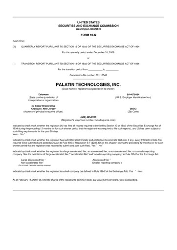 Miniature Palatin Technologies 10-Q Rapport trimestriel  