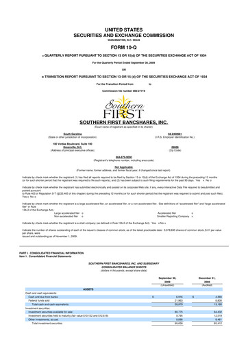 Thumbnail Southern First Bancshares 10-Q Quarterly Report FY 