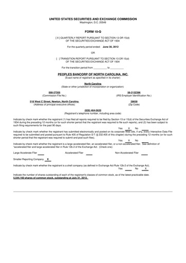 Vorschaubild Peoples Bancorp of North Carolina 10-Q Quartalsbericht 2012 