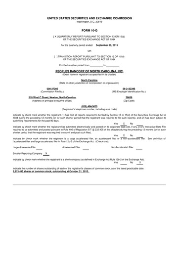 Vorschaubild Peoples Bancorp of North Carolina 10-Q Quartalsbericht 2013 