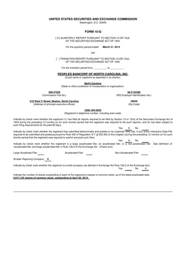 Vorschaubild Peoples Bancorp of North Carolina 10-Q Quartalsbericht 2014 