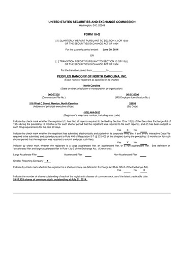 Vorschaubild Peoples Bancorp of North Carolina 10-Q Quartalsbericht 2014 