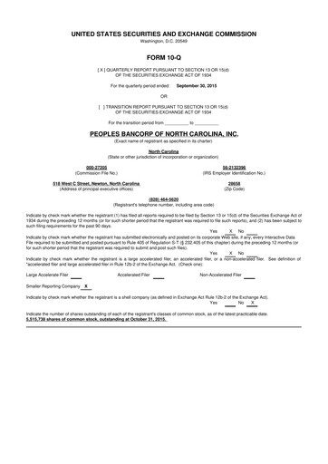 Vorschaubild Peoples Bancorp of North Carolina 10-Q Quartalsbericht 2015 