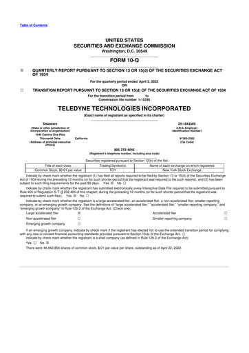Thumbnail Teledyne Technologies 10-Q Quarterly Report FY2022 
