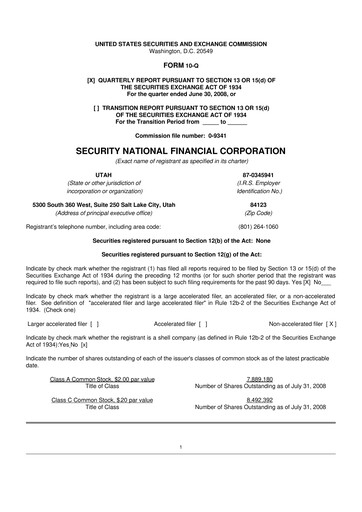 Thumbnail Security National Financial Corporation 10-Q Quarterly Report FY 