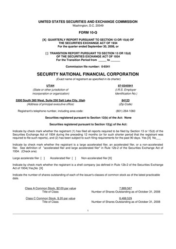 Thumbnail Security National Financial Corporation 10-Q Quarterly Report FY 