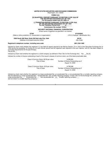 Thumbnail Security National Financial Corporation 10-Q Quarterly Report FY 