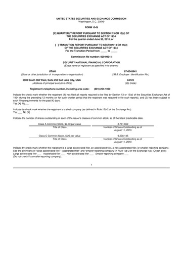 Thumbnail Security National Financial Corporation 10-Q Quarterly Report FY 