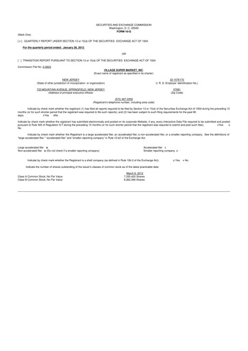 Thumbnail Village Super Market 10-Q Quarterly Report FY2012 