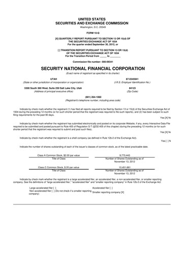 Thumbnail Security National Financial Corporation 10-Q Quarterly Report FY2012 