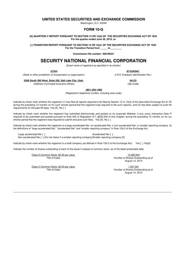 Thumbnail Security National Financial Corporation 10-Q Quarterly Report FY2015 