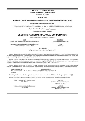 Thumbnail Security National Financial Corporation 10-Q Quarterly Report FY2015 