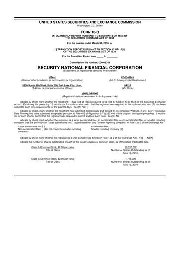 Thumbnail Security National Financial Corporation 10-Q Quarterly Report FY2016 