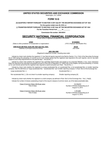 Thumbnail Security National Financial Corporation 10-Q Quarterly Report FY2016 