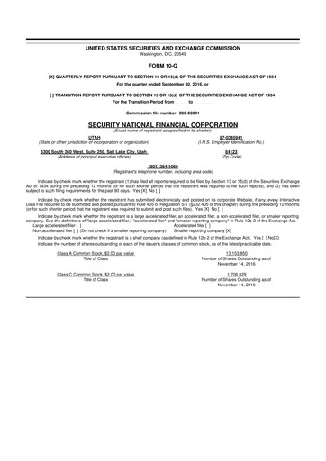 Thumbnail Security National Financial Corporation 10-Q Quarterly Report FY2016 