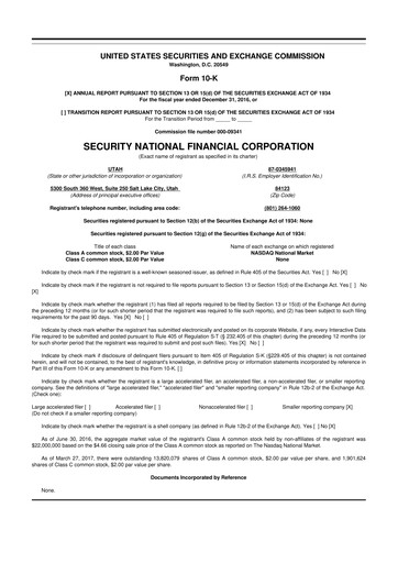 Thumbnail Security National Financial Corporation 10-K Annual Report 2016