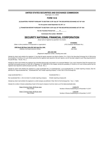 Thumbnail Security National Financial Corporation 10-Q Quarterly Report FY2017 