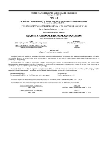 Thumbnail Security National Financial Corporation 10-Q Quarterly Report FY2018 