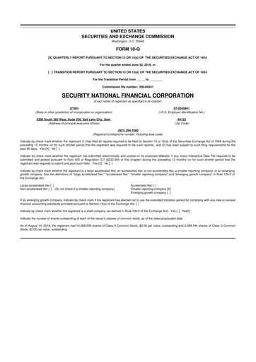 Thumbnail Security National Financial Corporation 10-Q Quarterly Report FY2018 