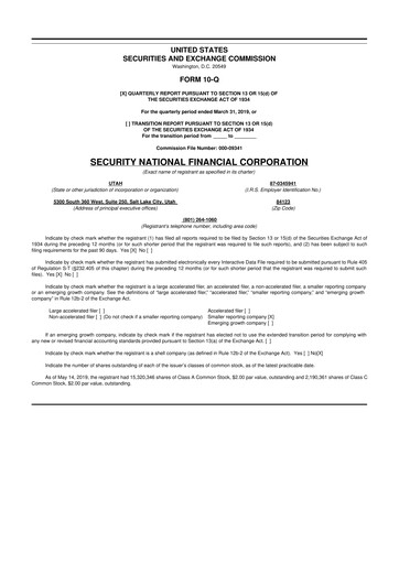 Thumbnail Security National Financial Corporation 10-Q Quarterly Report FY2019 