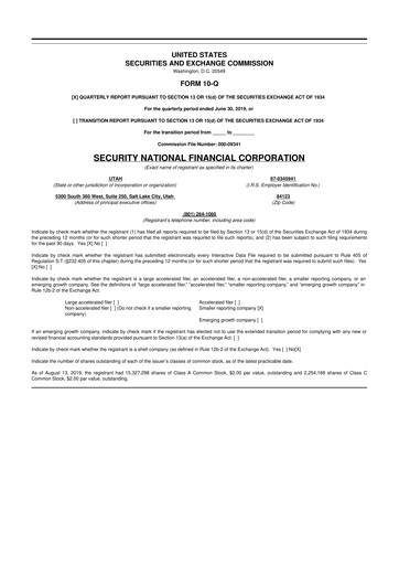 Thumbnail Security National Financial Corporation 10-Q Quarterly Report FY2019 